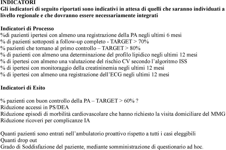 di pazienti con almeno una determinazione del profilo lipidico negli ultimi 12 mesi % di ipertesi con almeno una valutazione del rischio CV secondo l algoritmo ISS % di ipertesi con monitoraggio