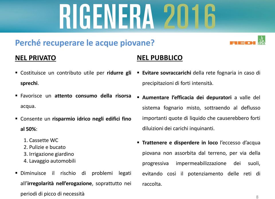 Lavaggio automobili Diminuisce il rischio di problemi legati all irregolarità nell erogazione, soprattutto nei periodi di picco di necessità NEL PUBBLICO Evitare sovraccarichi della rete fognaria in