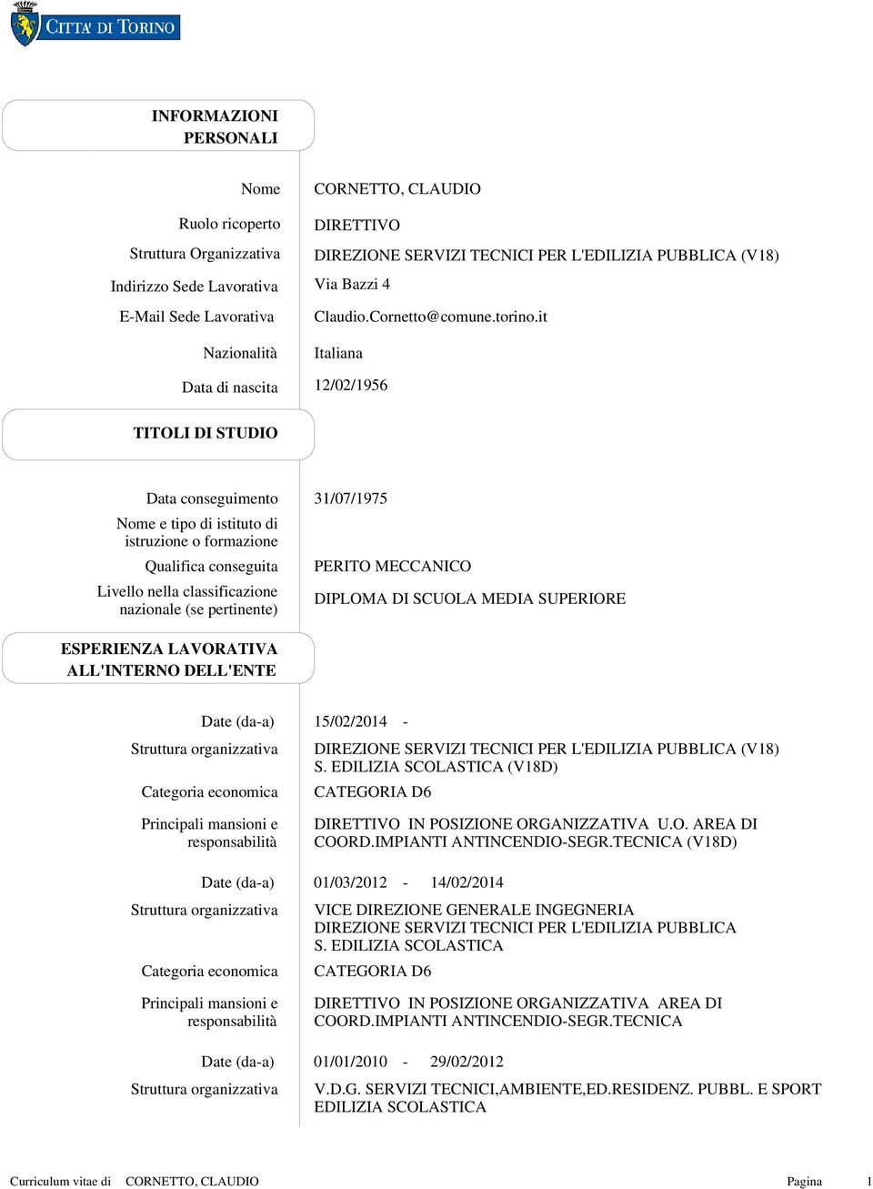 it Italiana 12/02/1956 TITOLI DI STUDIO Qualifica conseguita Livello nella classificazione nazionale (se pertinente) 31/07/1975 PERITO MECCANICO DIPLOMA DI SCUOLA MEDIA SUPERIORE ESPERIENZA