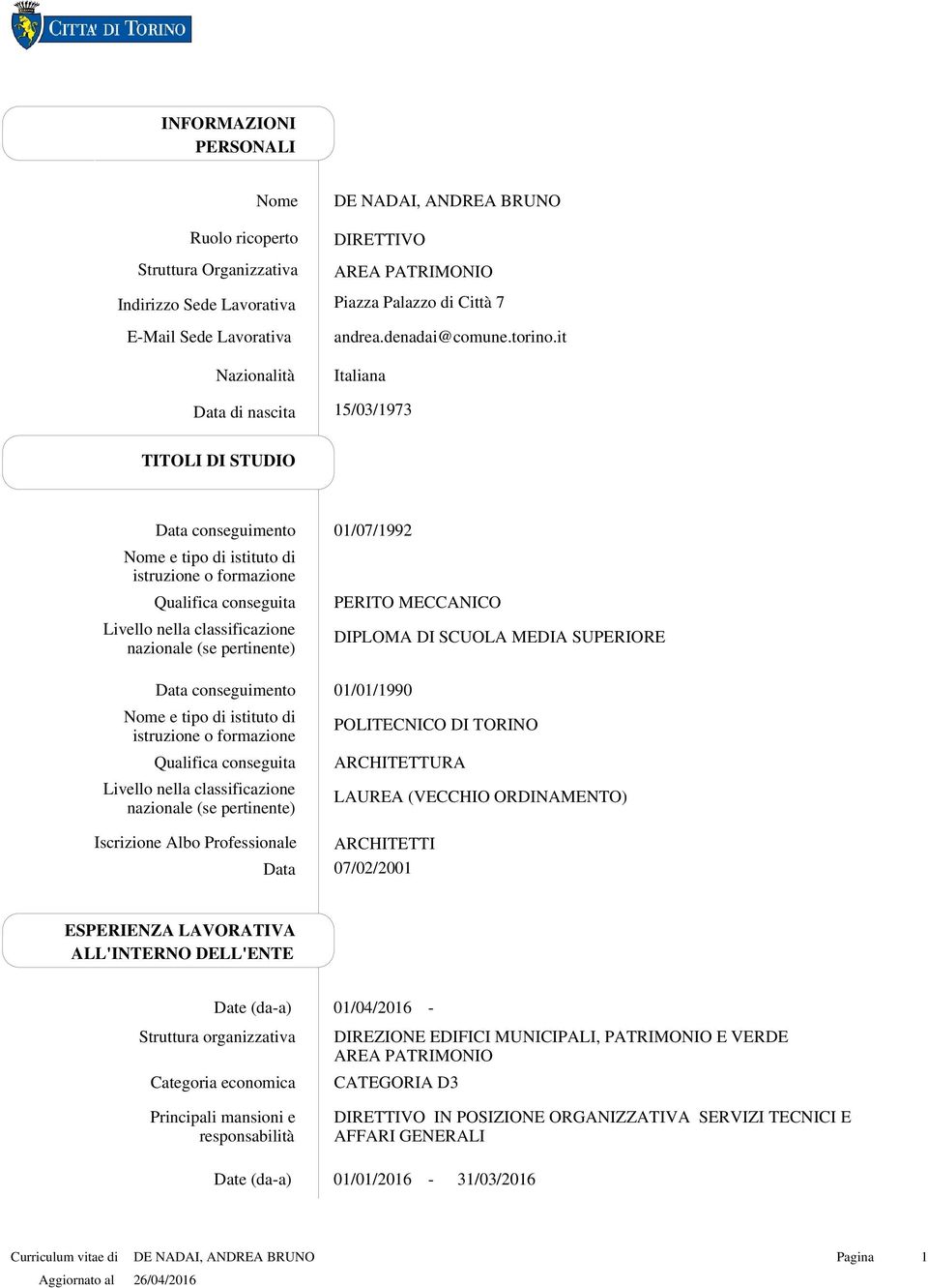 it Italiana 15/03/1973 TITOLI DI STUDIO Qualifica conseguita Livello nella classificazione nazionale (se pertinente) Qualifica conseguita Livello nella classificazione nazionale (se pertinente)