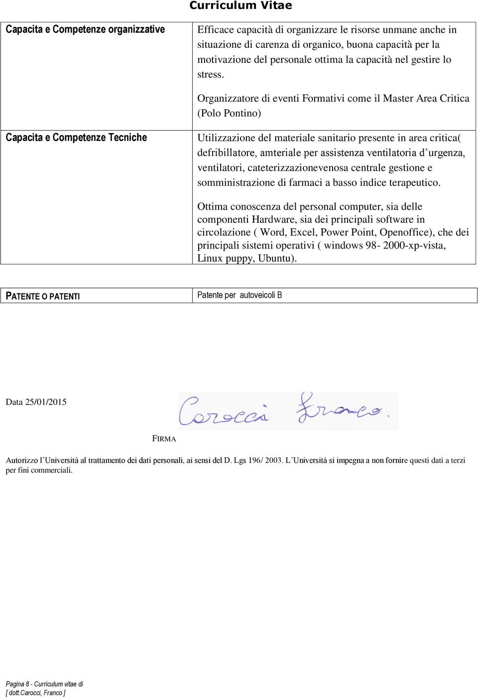 Organizzatore di eventi Formativi come il Master Area Critica (Polo Pontino) Capacita e Competenze Tecniche Utilizzazione del materiale sanitario presente in area critica( defribillatore, amteriale