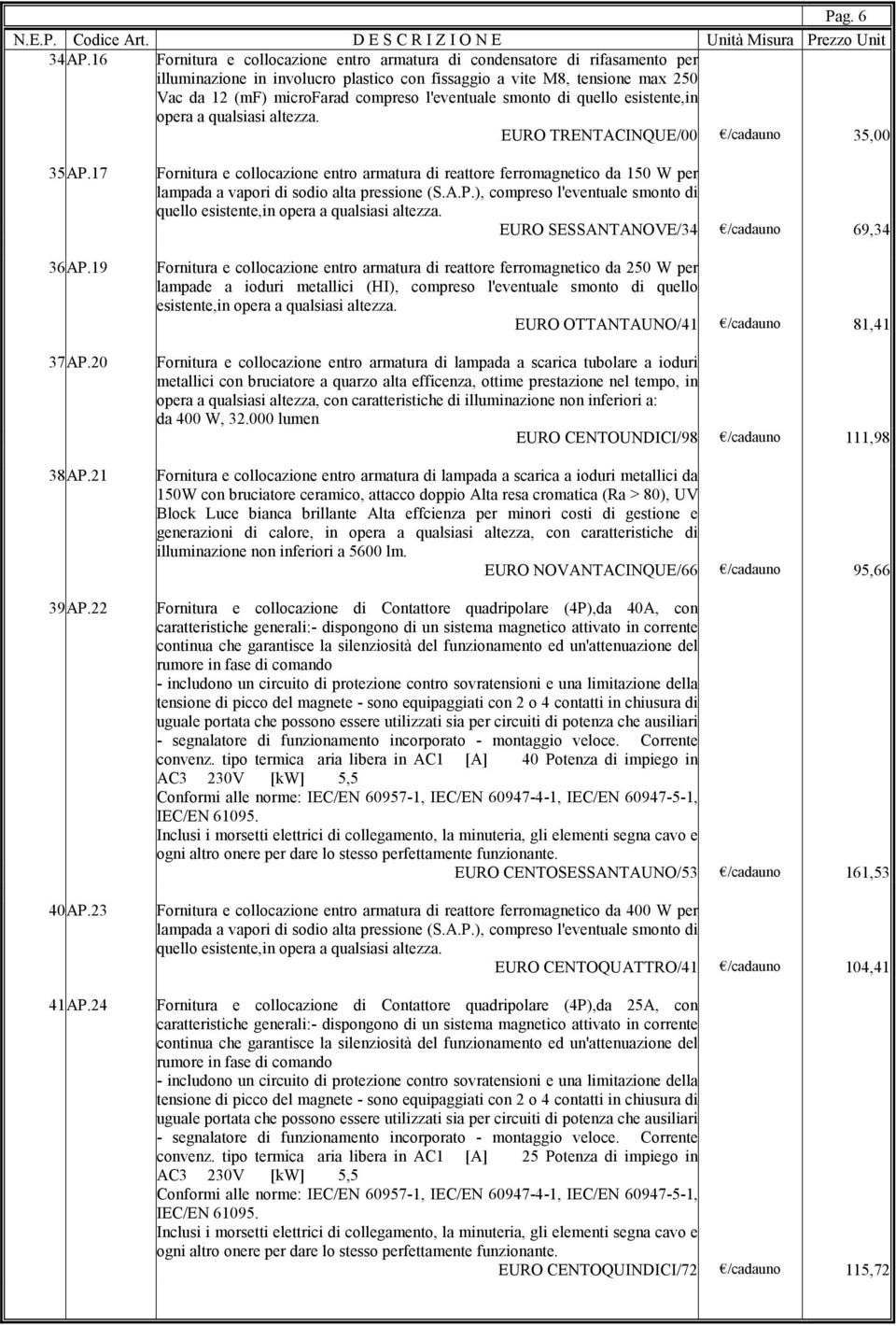 l'eventuale smonto di quello esistente,in opera a qualsiasi altezza. EURO TRENTACINQUE/00 /cadauno 35,00 35 AP.