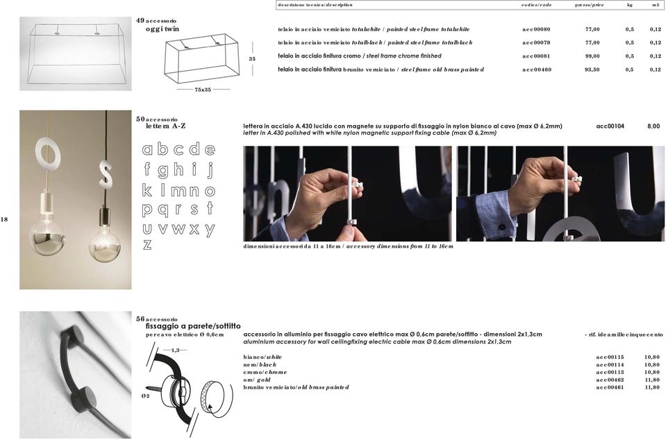 0,5 0,12 75x accessorio lettera A-Z 18 dimensioni accessori da 11 a 16cm / accessory dimensions from 11 to 16cm 56 accessorio per cavo elettrico Ø 0,6cm - rif.