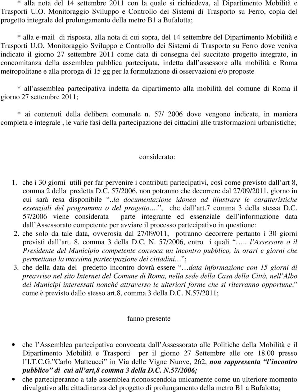 14 settembre del Dipartimento Mobilità e Trasporti U.O.