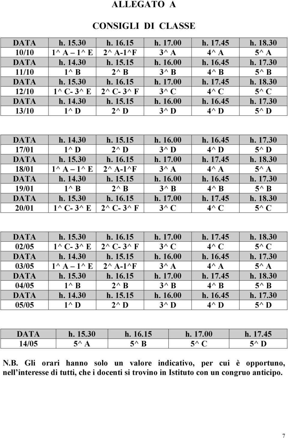 F 3^ C 4^ C 5^ C 03/05 1^ A 1^ E 2^ A-1^F 3^ A 4^ A 5^ A 04/05 1^ B 2^ B 3^ B 4^ B 5^ B 05/05 1^ D 2^ D 3^ D 4^ D 5^ D DATA h. 15.30 h. 16.15 h. 17.