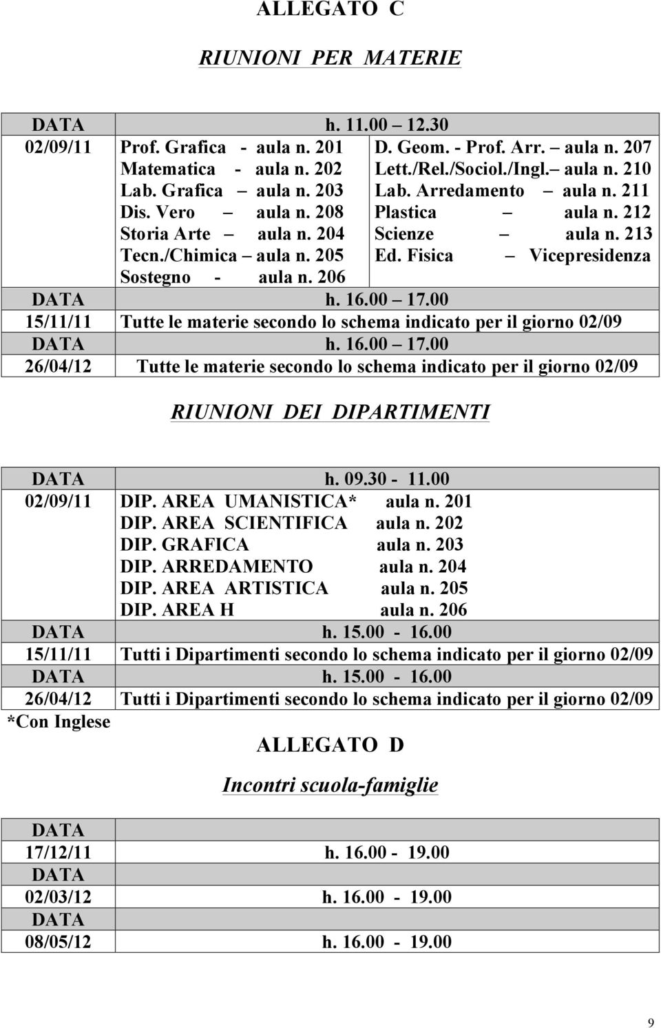 Fisica Vicepresidenza DATA h. 16.00 17.00 15/11/11 Tutte le materie secondo lo schema indicato per il giorno 02/09 DATA h. 16.00 17.00 26/04/12 Tutte le materie secondo lo schema indicato per il giorno 02/09 RIUNIONI DEI DIPARTIMENTI DATA h.