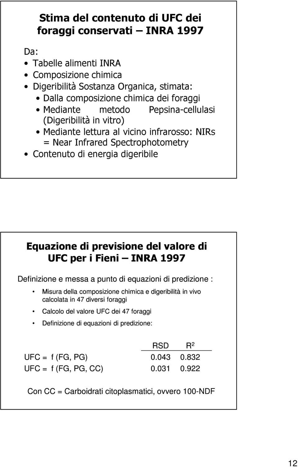 del valore di UFC per i Fieni INRA 1997 Definizione e messa a punto di equazioni di predizione : Misura della composizione chimica e digeribilità in vivo calcolata in 47 diversi foraggi