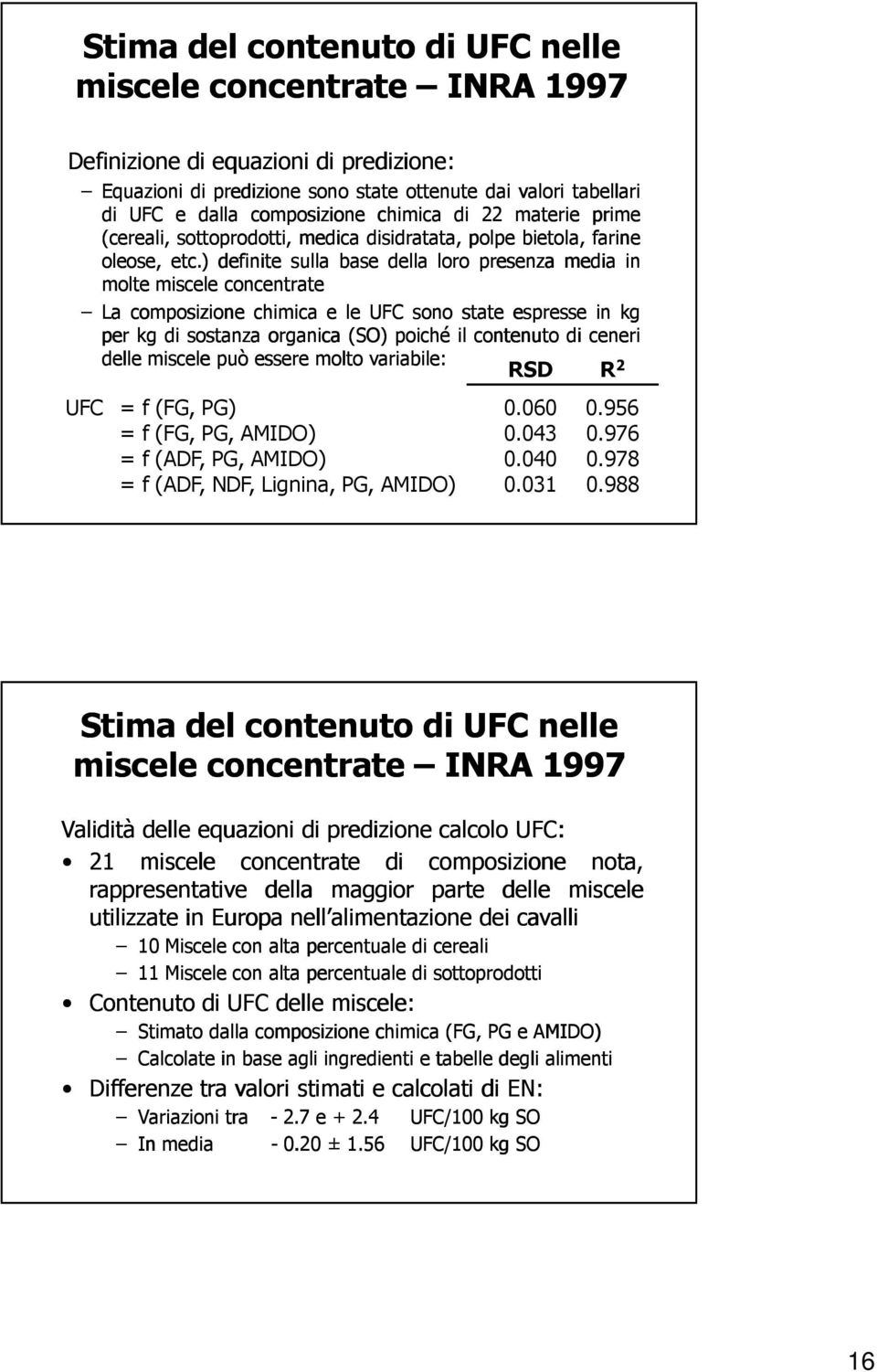 ) definite sulla base della loro presenza media in molte miscele concentrate La composizione chimica e le UFC sono state espresse in kg per kg di sostanza organica (SO) poiché il contenuto di ceneri