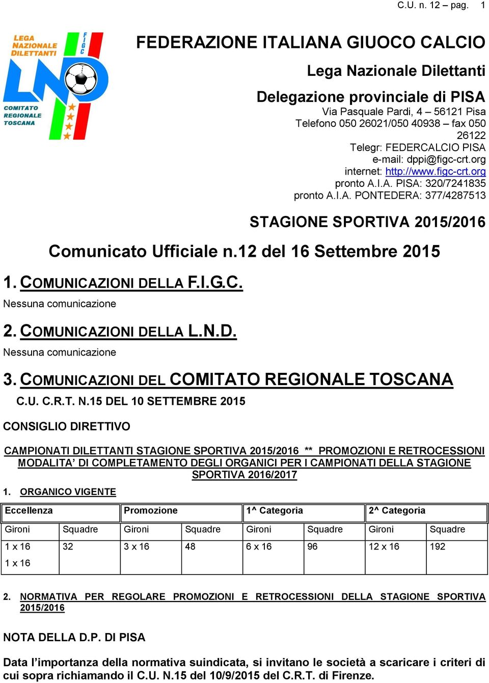 e-mail: dppi@figc-crt.org internet: http://www.figc-crt.org pronto A.I.A. PISA: 320/7241835 pronto A.I.A. PONTEDERA: 377/4287513 STAGIONE SPORTIVA 2015/2016 Comunicato Ufficiale n.