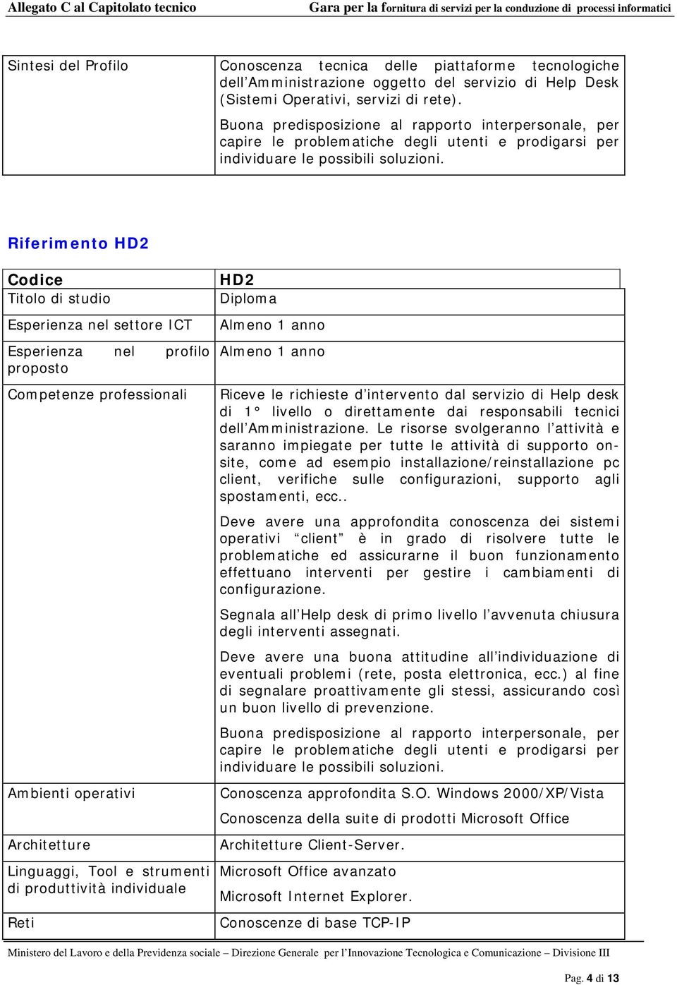 Riferimento HD2 proposto Ambienti operativi Linguaggi, Tool e strumenti di produttività individuale HD2 Diploma Almeno 1 anno Almeno 1 anno Riceve le richieste d intervento dal servizio di Help desk