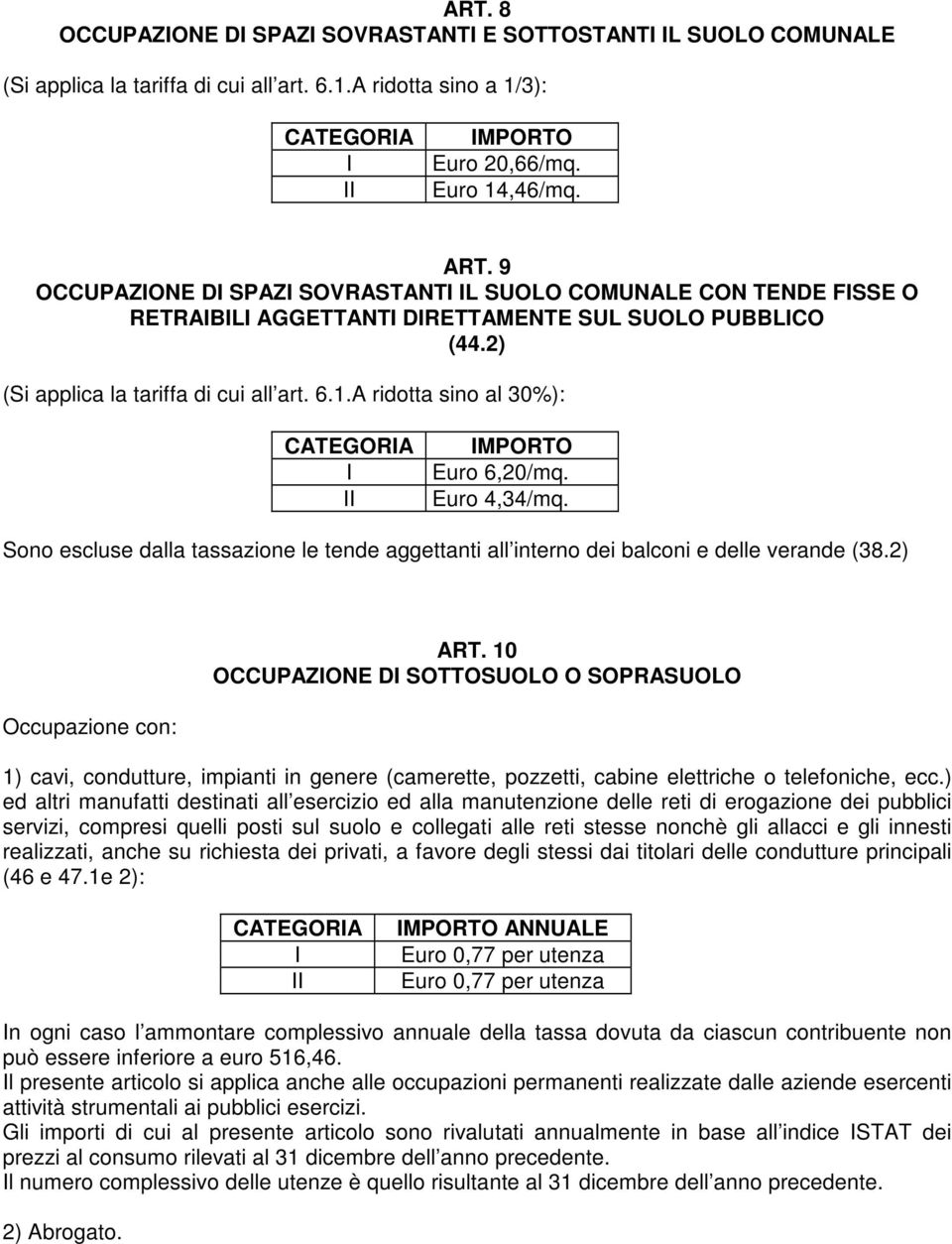 A ridotta sino al 30%): I II IMPORTO Euro 6,20/mq. Euro 4,34/mq. Sono escluse dalla tassazione le tende aggettanti all interno dei balconi e delle verande (38.2) Occupazione con: ART.