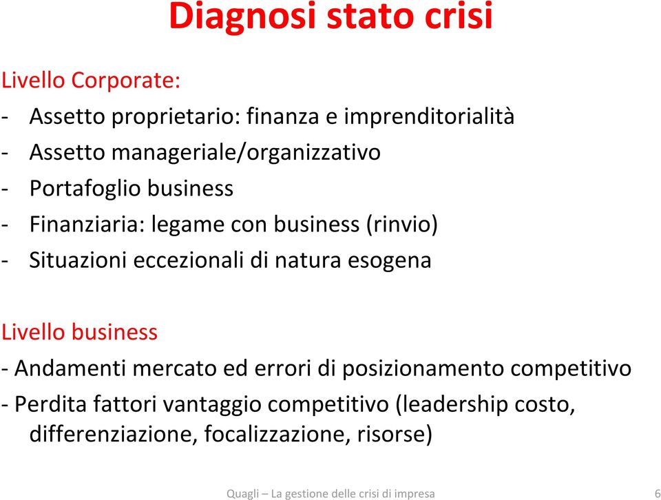 Situazioni eccezionali di natura esogena Livello business - Andamenti mercato ed errori di