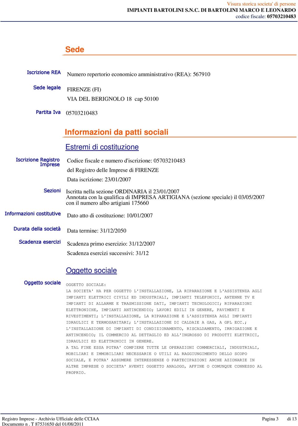 il 23/01/2007 Annotata con la qualifica di IMPRESA ARTIGIANA (sezione speciale) il 03/05/2007 con il numero albo artigiani 175660 Informazioni costitutive Dato atto di costituzione: 10/01/2007 Durata