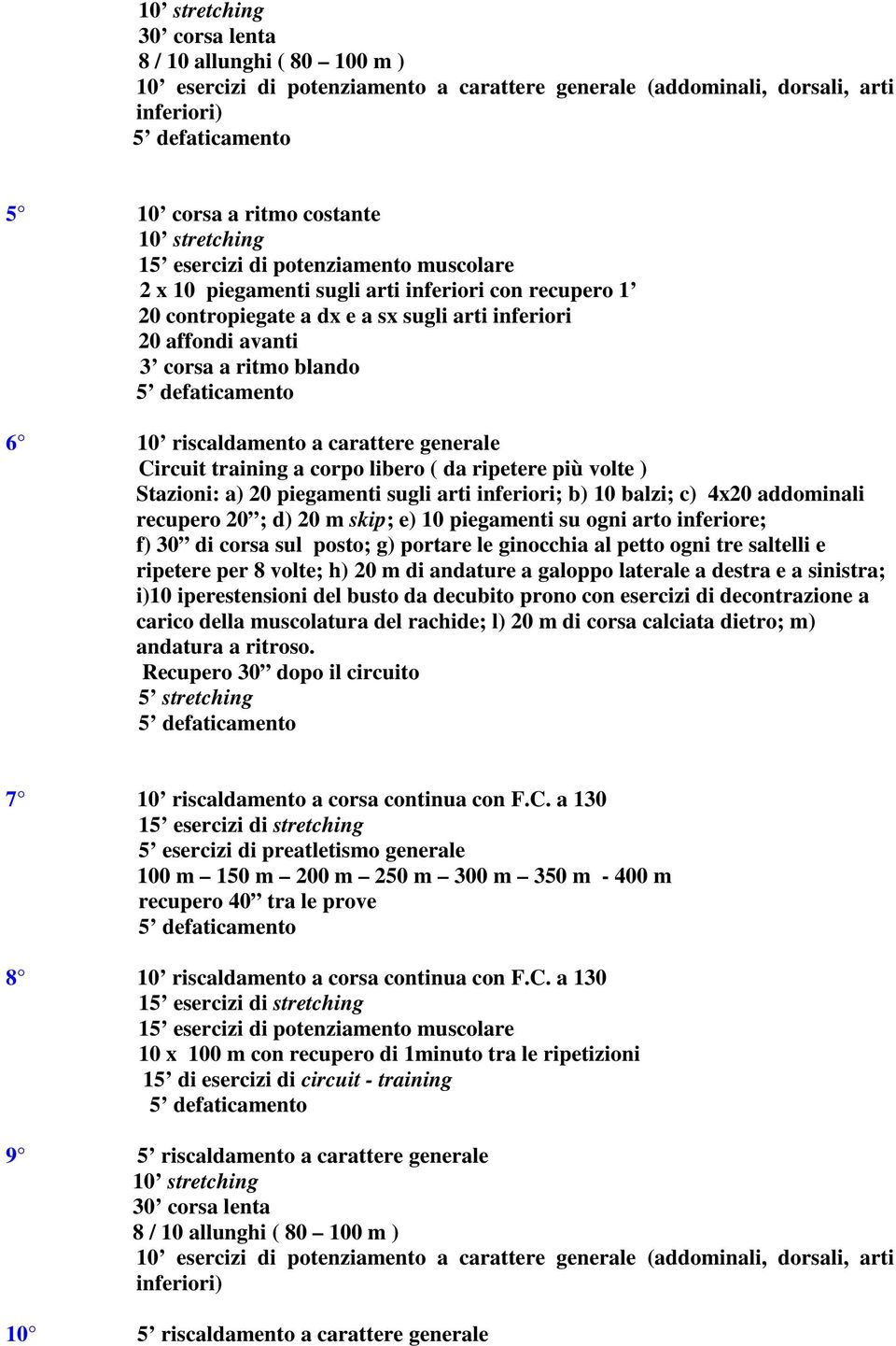 training a corpo libero ( da ripetere più volte ) Stazioni: a) 20 piegamenti sugli arti inferiori; b) 10 balzi; c) 4x20 addominali recupero 20 ; d) 20 m skip; e) 10 piegamenti su ogni arto inferiore;