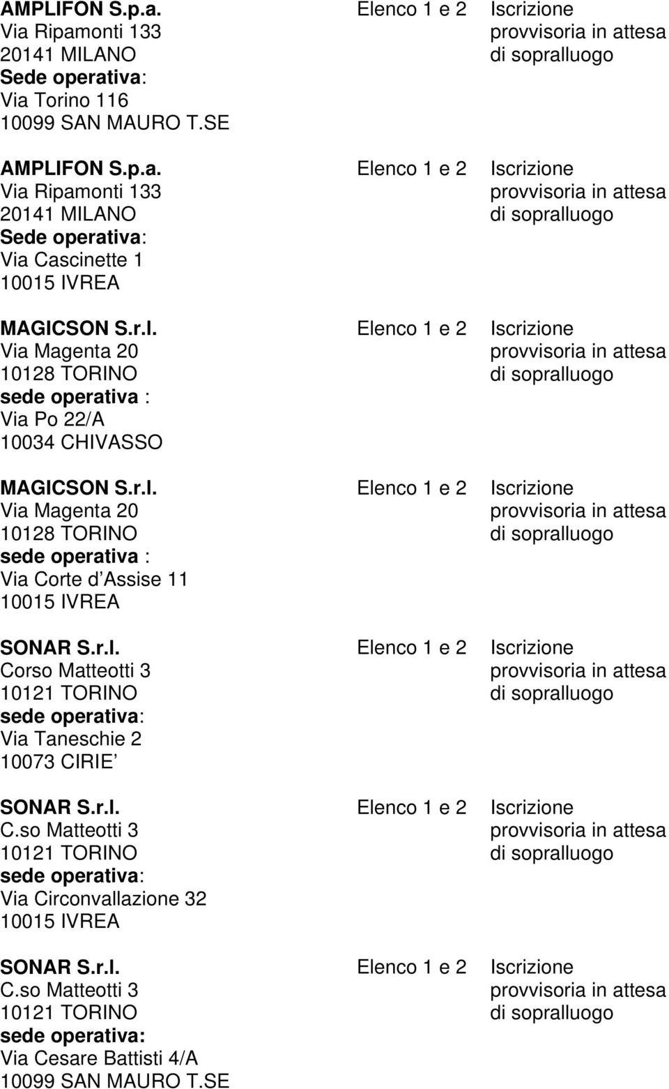 sede operativa : Via Corte d Assise 11 10015 IVREA SONAR S.r.l.