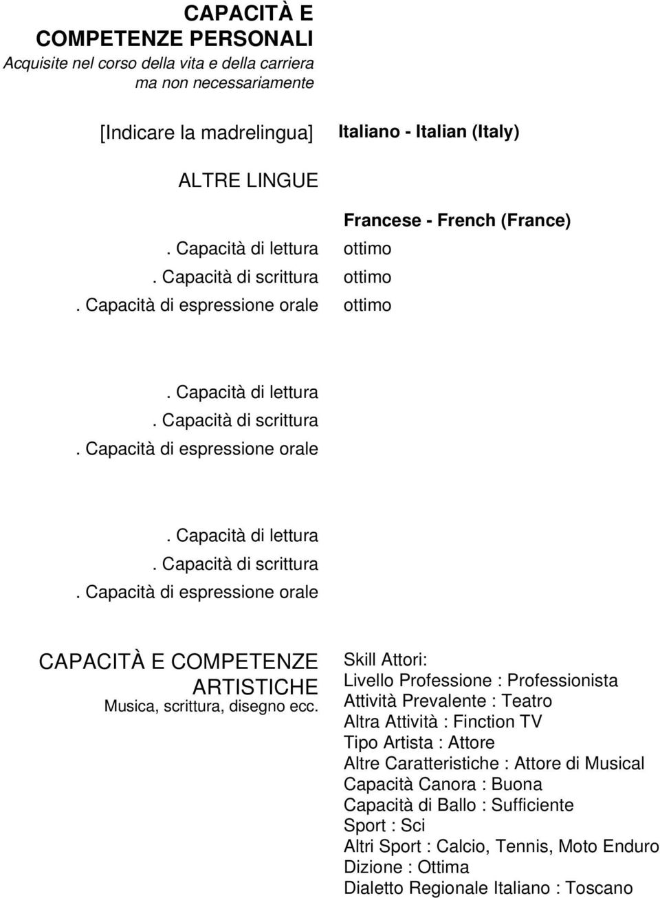 Capacità di espressione orale. Capacità di lettura. Capacità di scrittura. Capacità di espressione orale CAPACITÀ E COMPETENZE ARTISTICHE Musica, scrittura, disegno ecc.