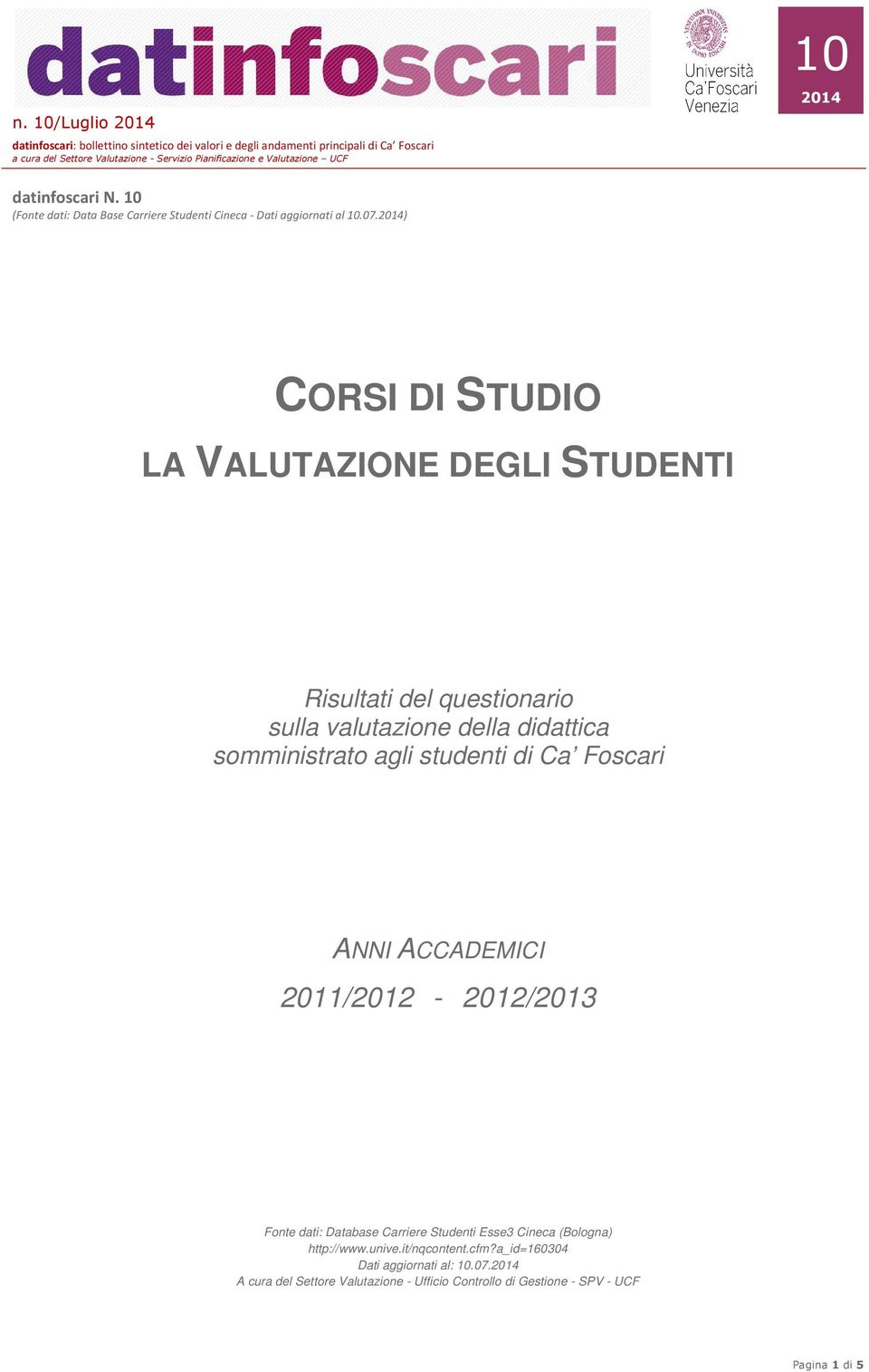 somministrato agli studenti di Ca Foscari ANNI ACCADEMICI 2011/2012-2012/2013 Fonte dati: Database Carriere