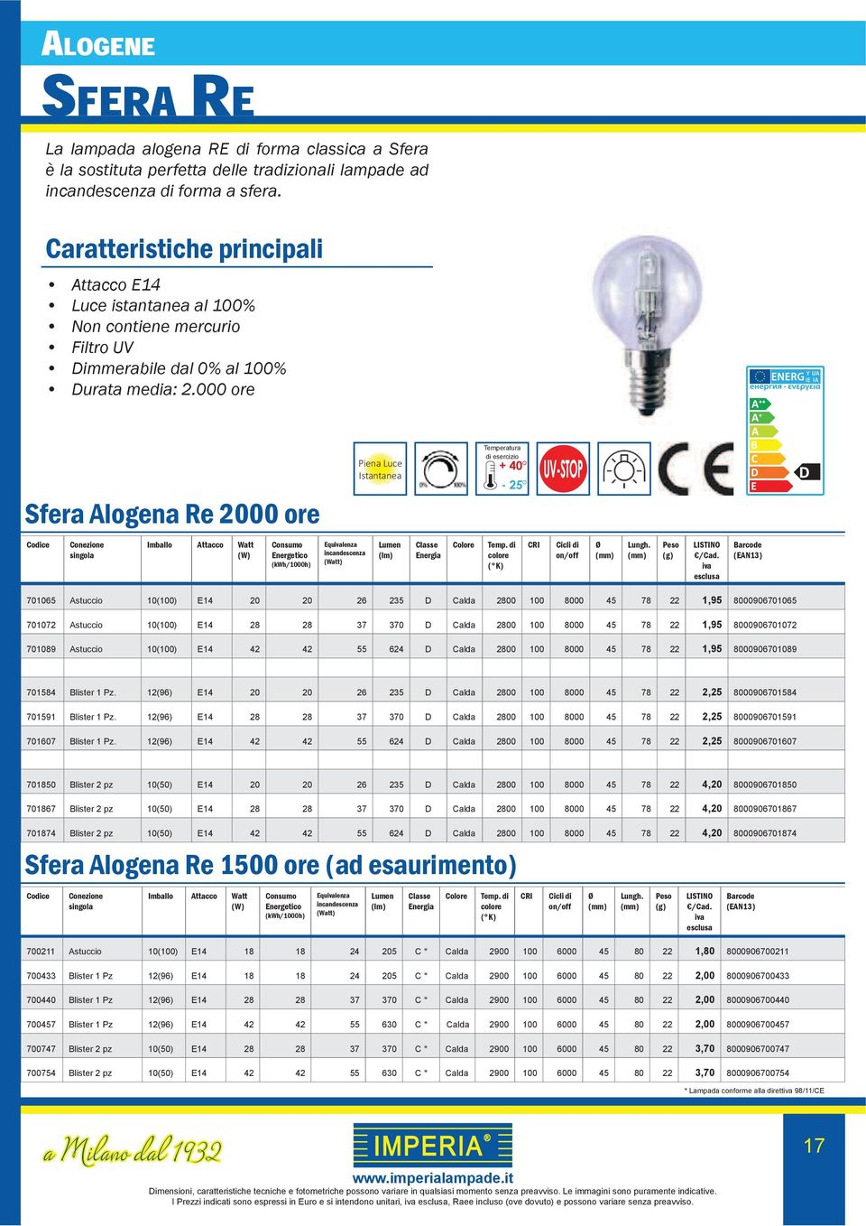 000 ore Sfera Alogena Re 2000 ore Piena Luce Istantanea - 25 Equlenza incandescenza (Watt) 701065 Astuccio 10(100) E14 20 20 26 235 D Calda 2800 100 8000 45 78 22 1,95 8000906701065 701072 Astuccio