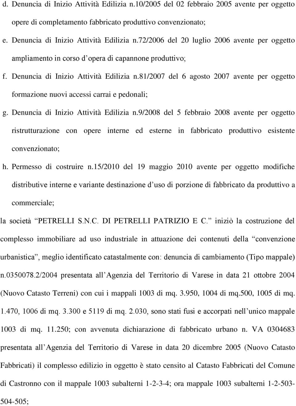 9/2008 del 5 febbraio 2008 avente per oggetto ristrutturazione con opere interne ed esterne in fabbricato produttivo esistente convenzionato; h. Permesso di costruire n.