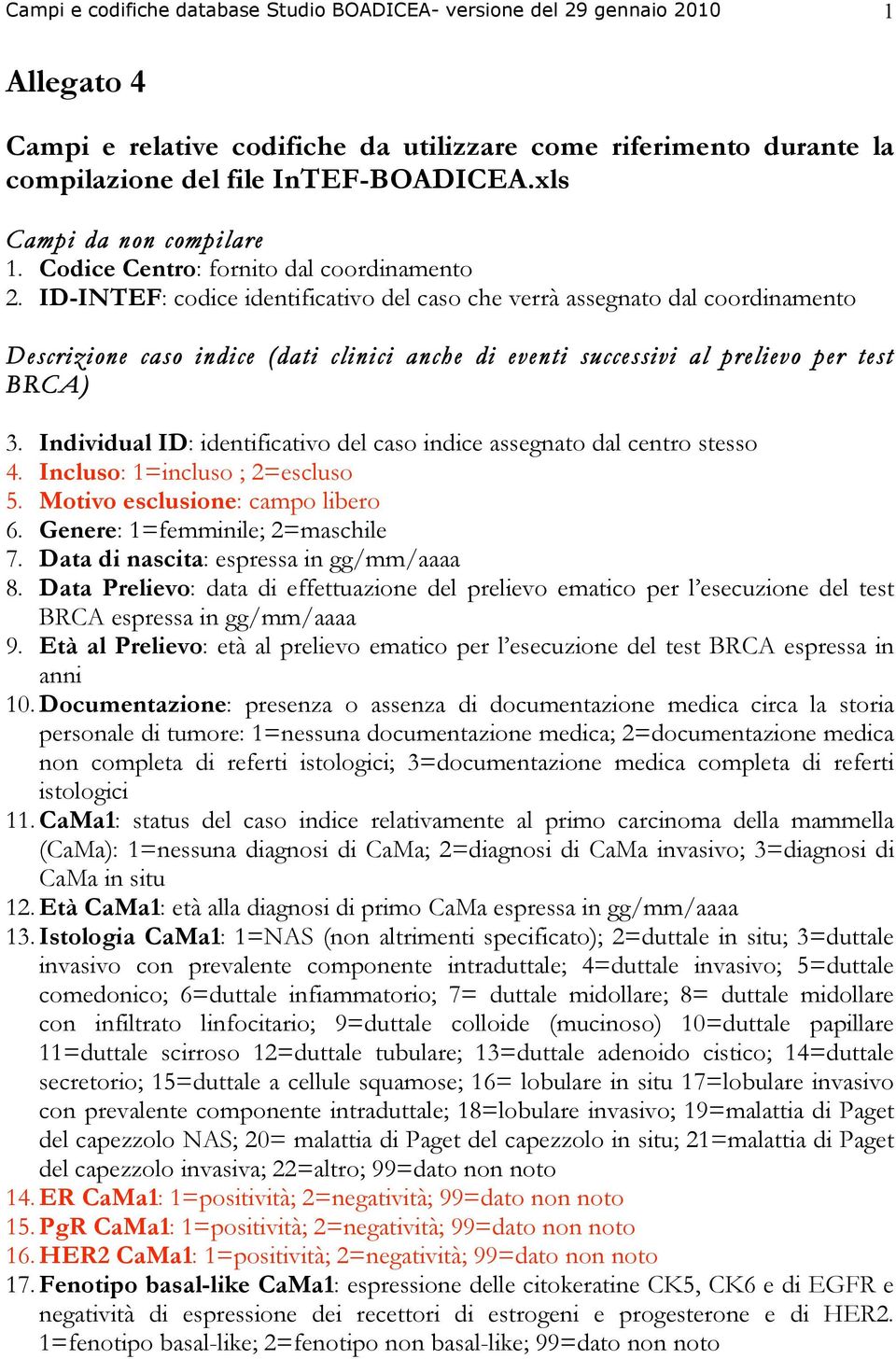 ID-INTEF: codice identificativo del caso che verrà assegnato dal coordinamento Descrizione caso indice (dati clinici anche di eventi successivi al prelievo per test BRCA) 3.