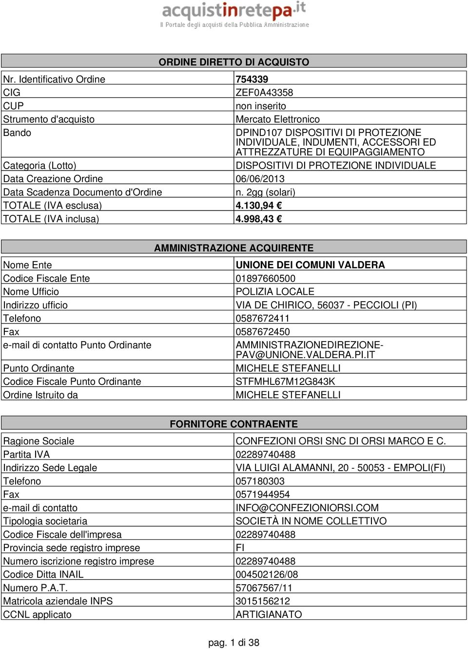 EQUIPAGGIAMENTO Categoria (Lotto) DISPOTIVI DI PROTEZIONE INDIVIDUALE Data Creazione Ordine 06/06/2013 Data Scadenza Documento d'ordine n. 2gg (solari) TOTALE (IVA esclusa) 4.