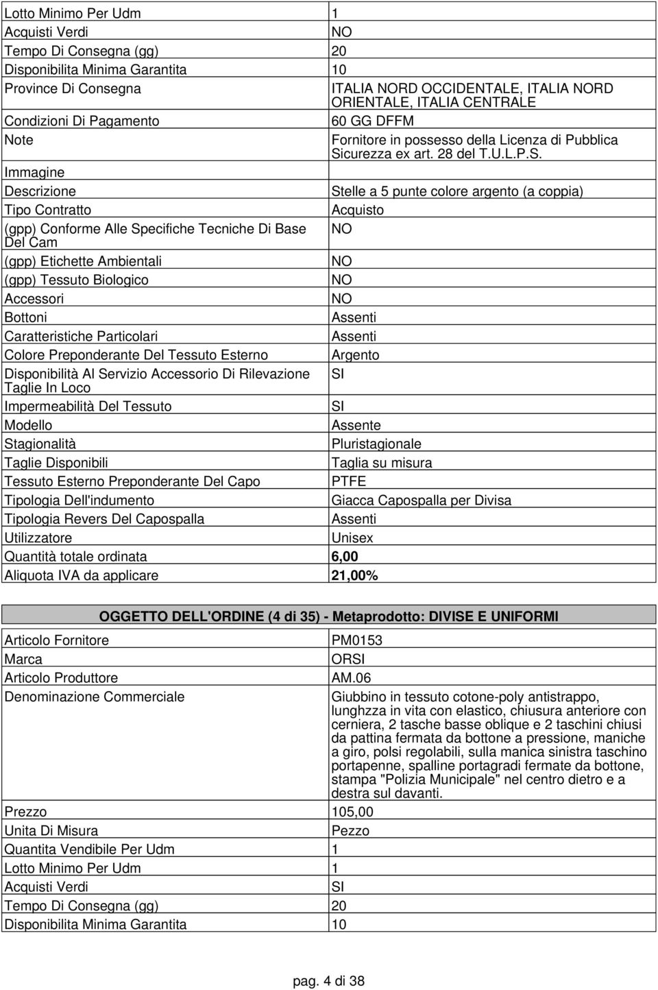 Unisex Quantità totale ordinata 6,00 OGGETTO DELL'ORDINE (4 di 35) - Metaprodotto: DIVISE E UNIFORMI PM0153 OR AM.