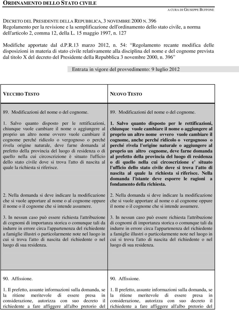 54: Regolamento recante modifica delle disposizioni in materia di stato civile relativamente alla disciplina del nome e del cognome prevista dal titolo X del decreto del Presidente della Repubblica 3