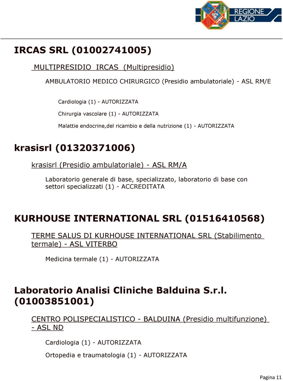 base con settori specializzati (1) - ACCREDITATA KURHOUSE INTERNATIONAL SRL (01516410568) TERME SALUS DI KURHOUSE INTERNATIONAL SRL (Stabilimento termale) - ASL VITERBO Medicina termale (1) -