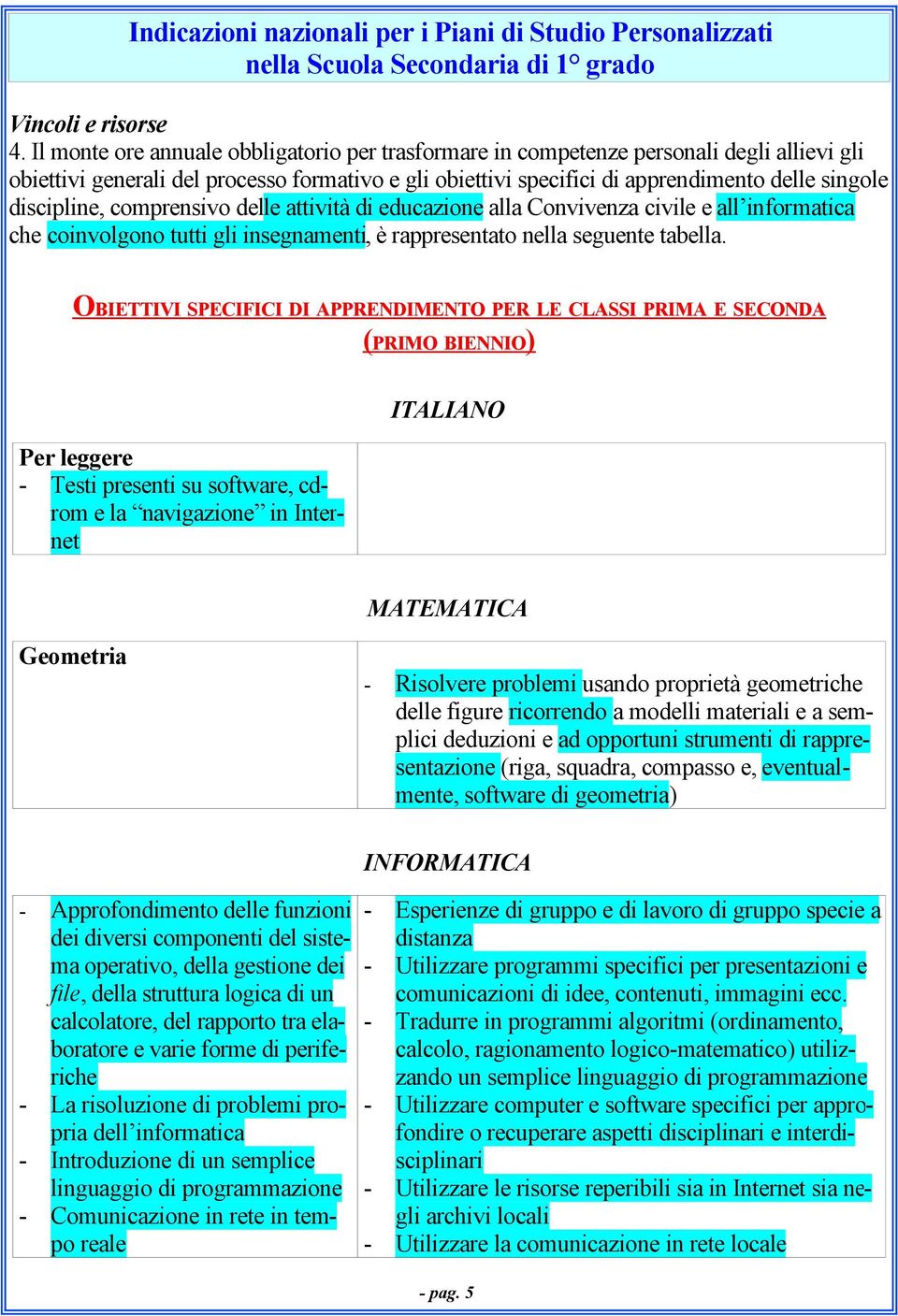 discipline, comprensivo delle attività di educazione alla Convivenza civile e all informatica che coinvolgono tutti gli insegnamenti, è rappresentato nella seguente tabella.