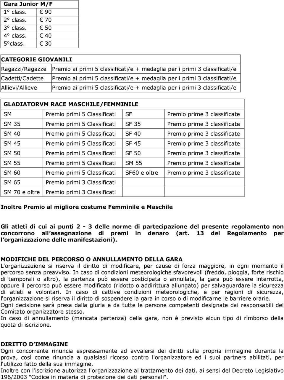 classificati/e Allievi/Allieve Premio ai primi 5 classificati/e + medaglia per i primi 3 classificati/e GLADIATORVM RACE MASCHILE/FEMMINILE SM Premio primi 5 Classificati SF Premio prime 3