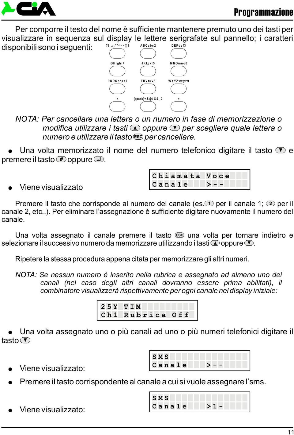 o modifica utilizzare i tasti oppure per scegliere quale lettera o numero e utilizzare il tasto per cancellare.