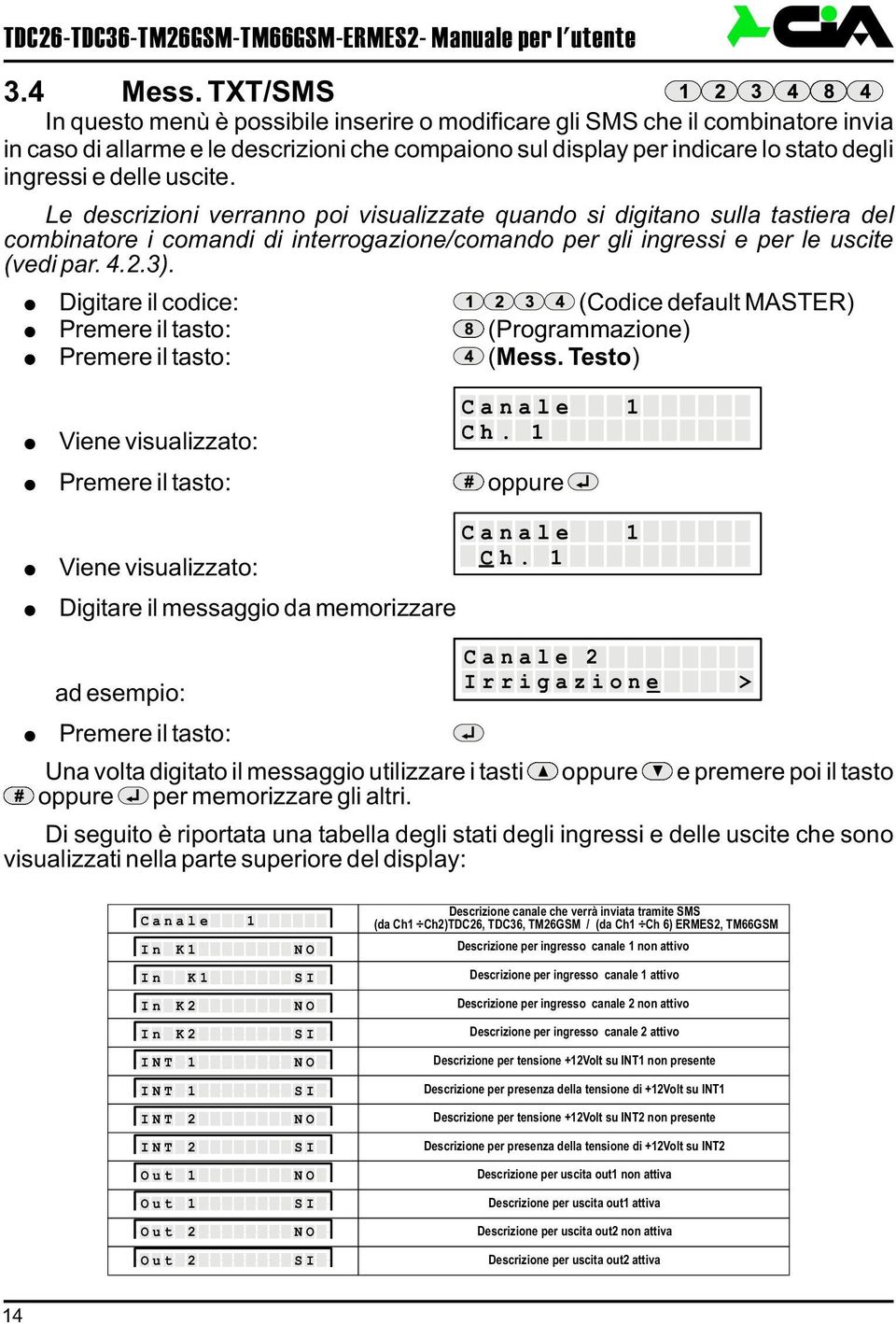 uscite. Le descrizioni verranno poi visualizzate quando si digitano sulla tastiera del combinatore i comandi di interrogazione/comando per gli ingressi e per le uscite (vedi par. 4.2.3).