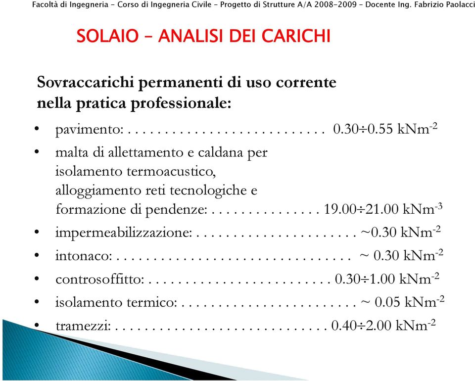 formazione di pendenze:............... 19.00 21.00 knm -3 impermeabilizzazione:... ~0.