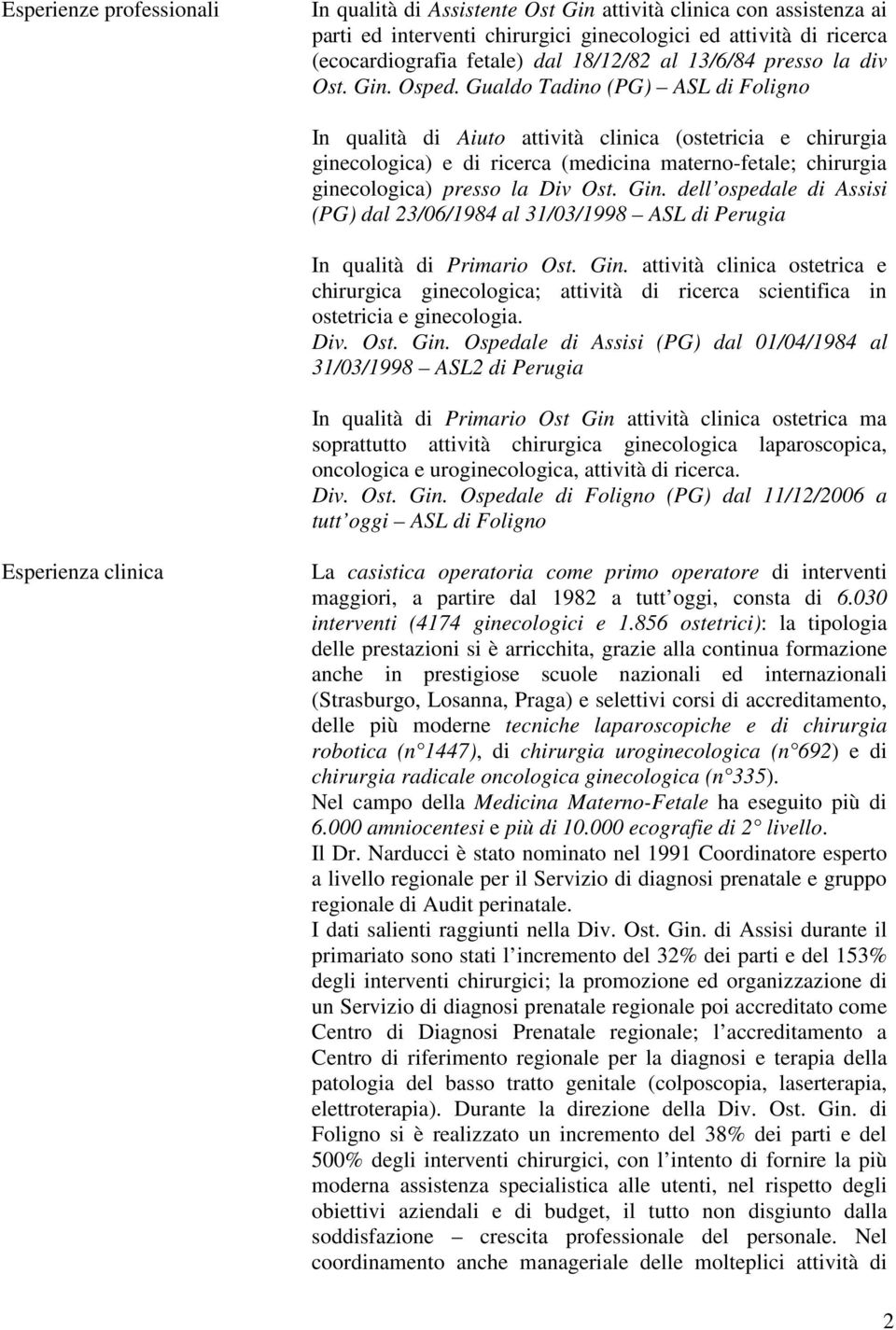 Gualdo Tadino (PG) ASL di Foligno In qualità di Aiuto attività clinica (ostetricia e chirurgia ginecologica) e di ricerca (medicina materno-fetale; chirurgia ginecologica) presso la Div Ost. Gin.