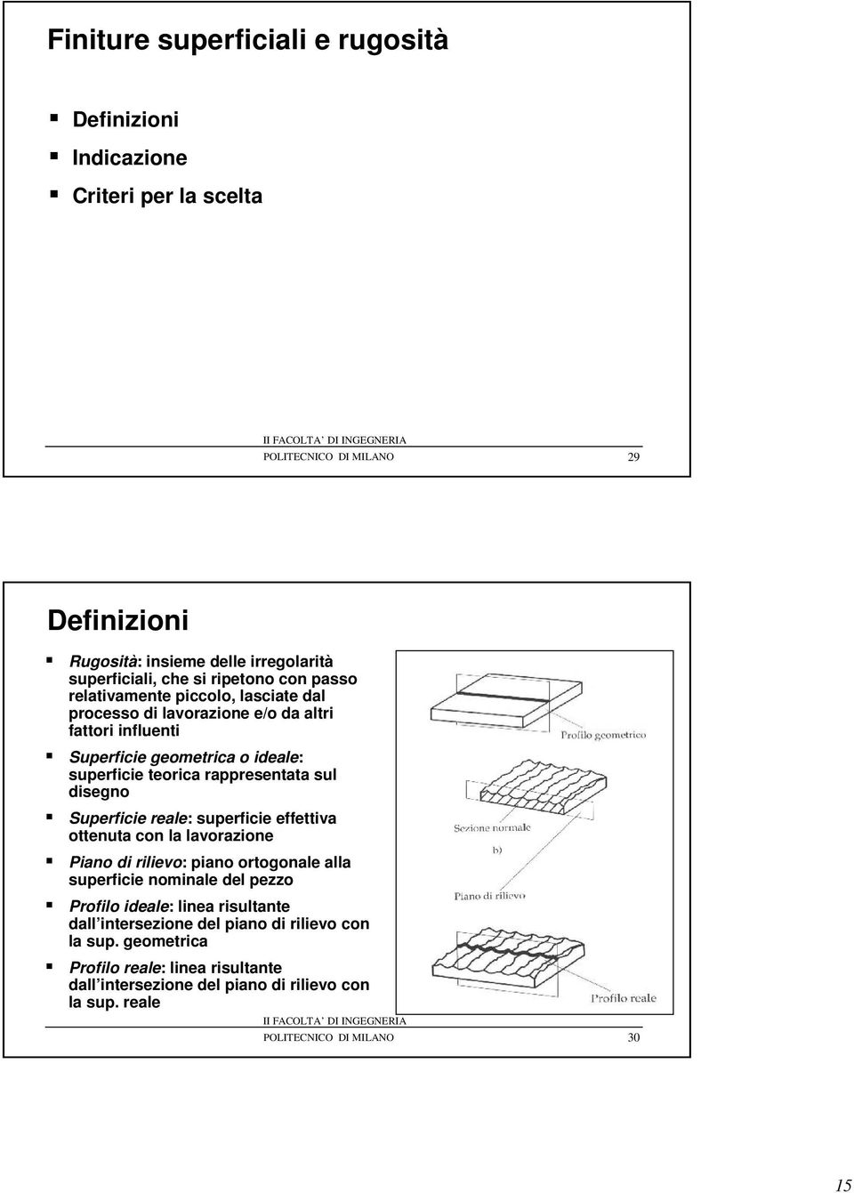 sul disegno Superficie reale: superficie effettiva ottenuta con la lavorazione Piano di rilievo: piano ortogonale alla superficie nominale del pezzo Profilo ideale: linea