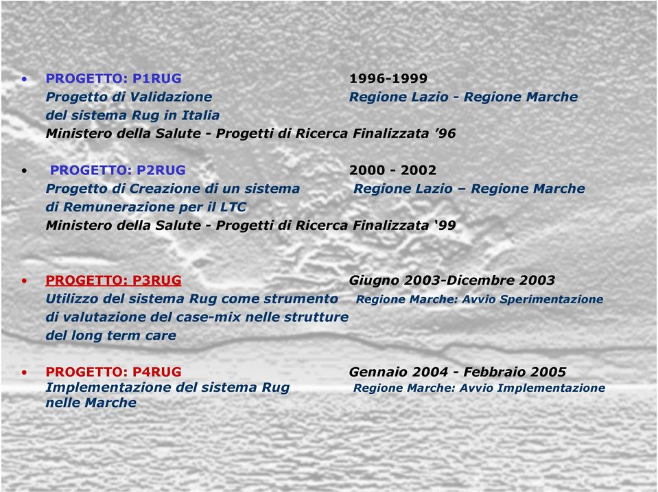 Ricerca Finalizzata 99 PROGETTO: P3RUG Giugno 2003-Dicembre 2003 Utilizzo del sistema Rug come strumento Regione Marche: Avvio Sperimentazione di valutazione del