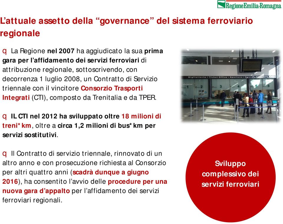 q IL CTI nel 2012 ha sviluppato oltre 18 milioni di treni*km, oltre a circa 1,2 milioni di bus*km per servizi sostitutivi.