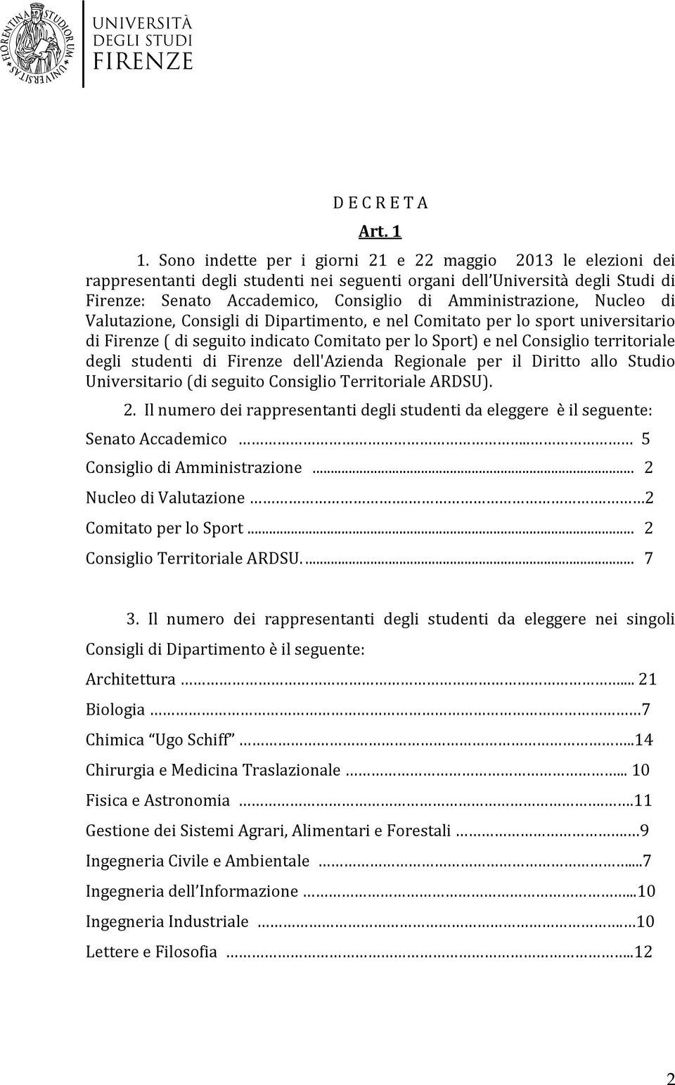 Amministrazione, Nucleo di Valutazione, Consigli di Dipartimento, e nel Comitato per lo sport universitario di Firenze ( di seguito indicato Comitato per lo Sport) e nel Consiglio territoriale degli