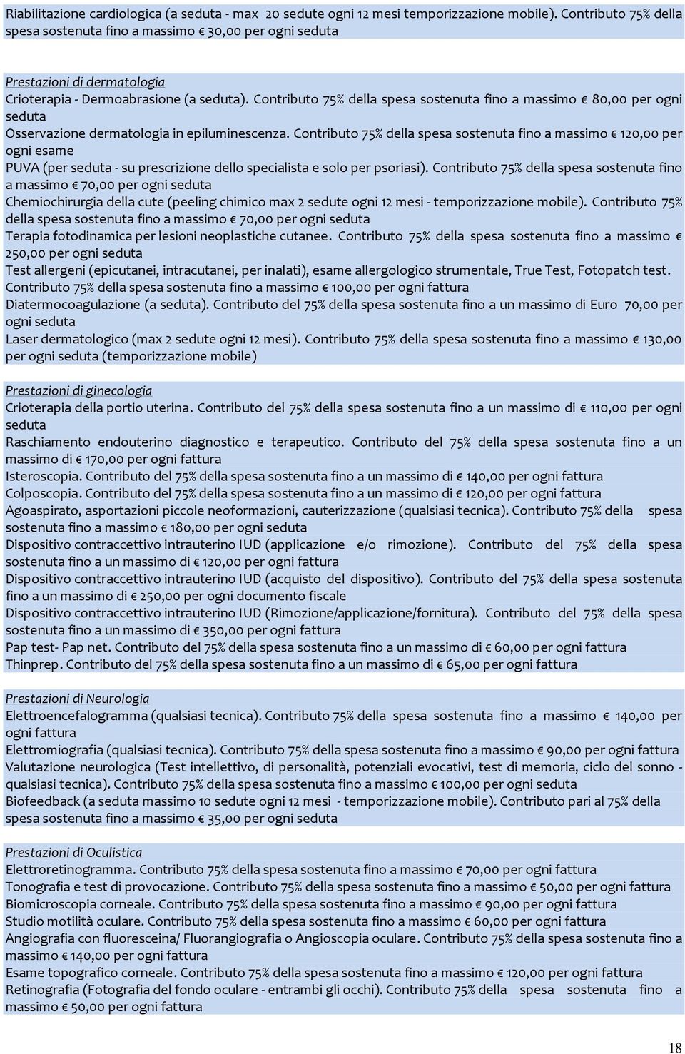 Contributo 75% della spesa sostenuta fino a massimo 80,00 per ogni seduta Osservazione dermatologia in epiluminescenza.