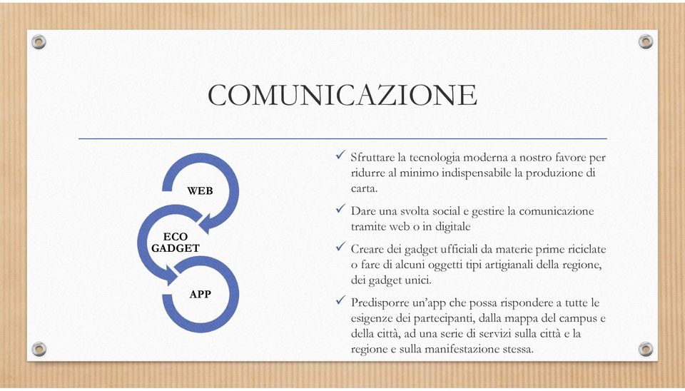 Dare una svolta social e gestire la comunicazione tramite web o in digitale Creare dei gadget ufficiali da materie prime riciclate o