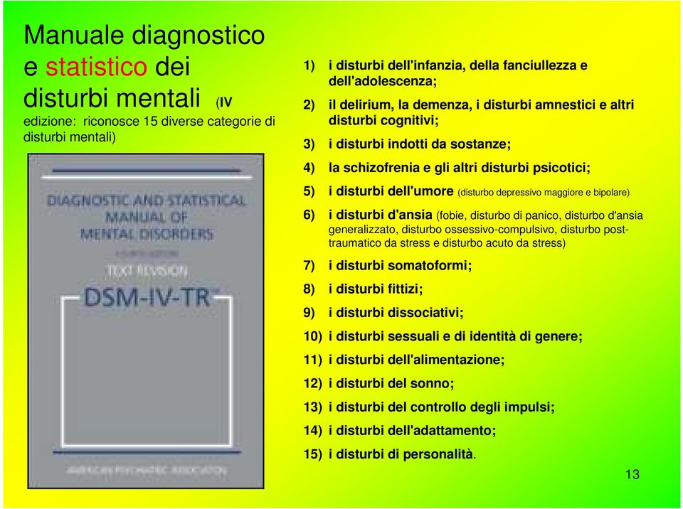 depressivo maggiore e bipolare) 6) i disturbi d'ansia (fobie, disturbo di panico, disturbo d'ansia generalizzato, disturbo ossessivo-compulsivo, disturbo posttraumatico da stress e disturbo acuto da