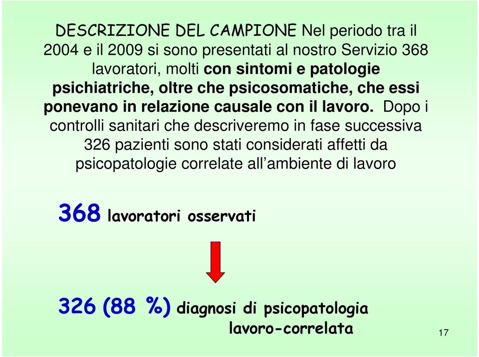 Dopo i controlli sanitari che descriveremo in fase successiva 326 pazienti sono stati considerati affetti da