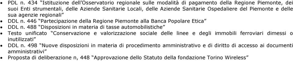 Ospedaliere del Piemonte e delle sua agenzie regionali DDL n. 446 Partecipazione della Regione Piemonte alla Banca Popolare Etica DDL n.