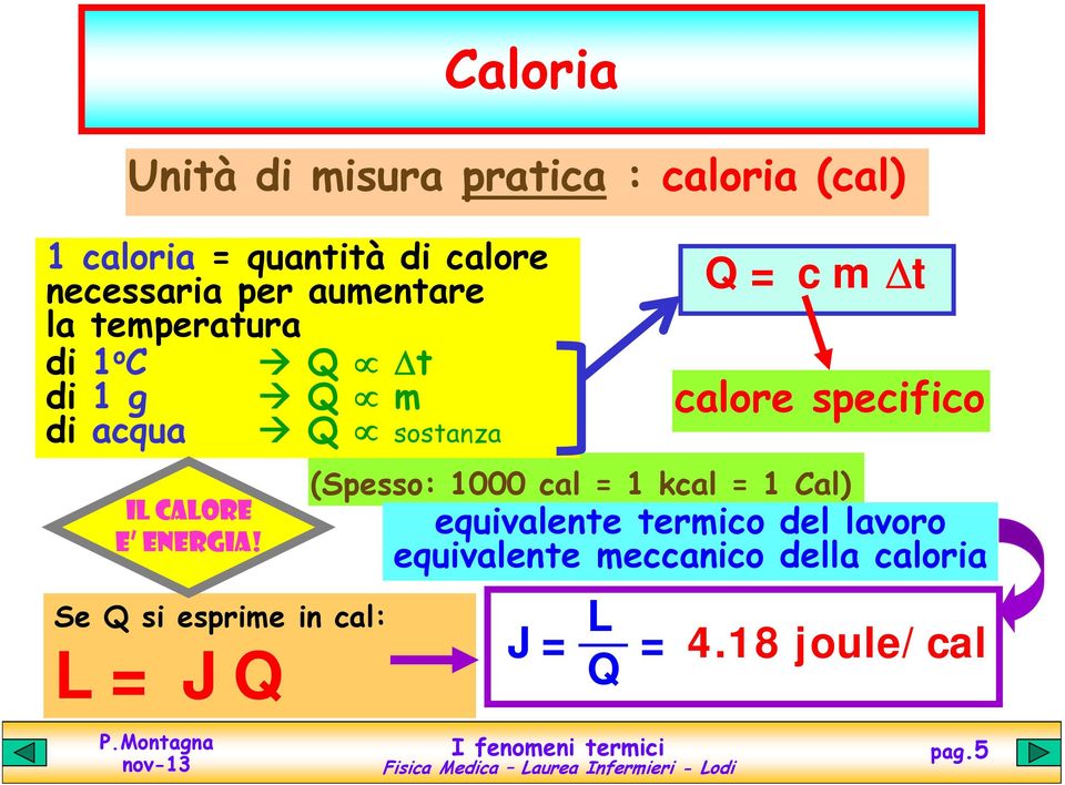 Q = c m Δt calore specifico (Spesso: 1000 cal = 1 kcal = 1 Cal) equivalente termico del lavoro