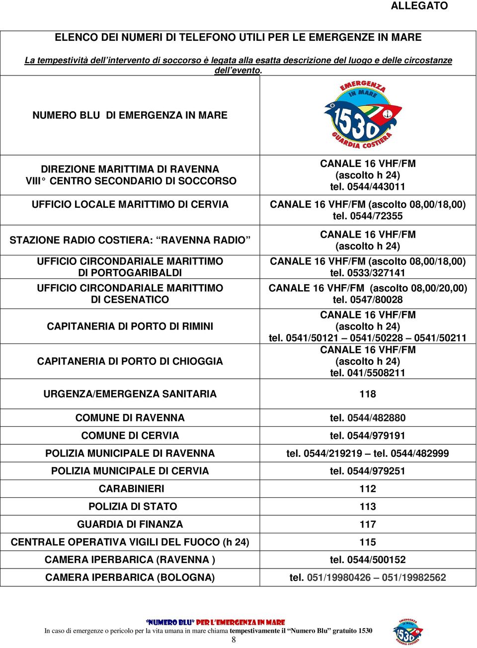 0544/443011 UFFICIO LOCALE MARITTIMO DI CERVIA CANALE 16 VHF/FM (ascolto 08,00/18,00) tel.