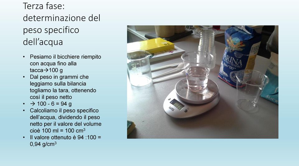 ottenendo così il peso netto 100-6 = 94 g Calcoliamo il peso specifico dell acqua, dividendo il