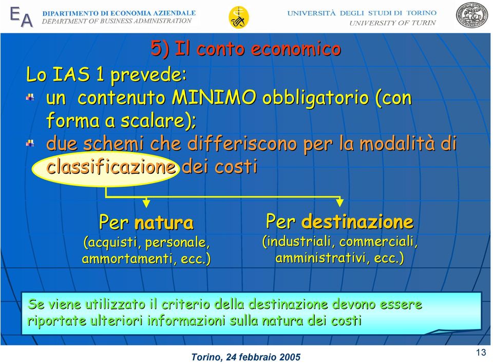 ammortamenti, ecc.) Per destinazione (industriali, commerciali, amministrativi, ecc.