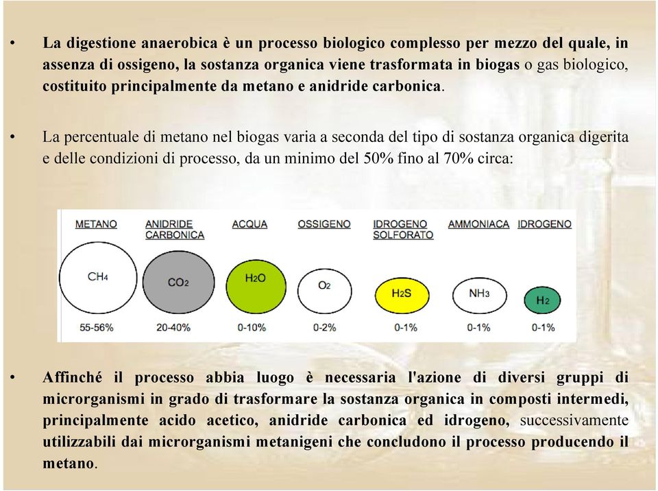 La percentuale di metano nel biogas varia a seconda del tipo di sostanza organica digerita e delle condizioni di processo, da un minimo del 50% fino al 70% circa: Affinché il