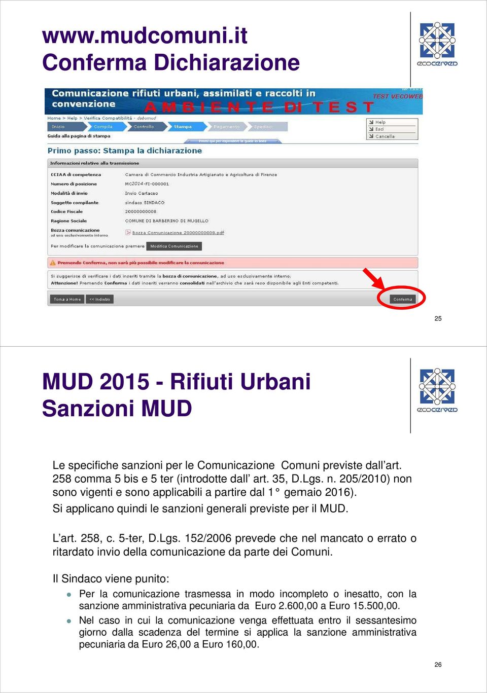 Il Sindaco viene punito: Per la comunicazione trasmessa in modo incompleto o inesatto, con la sanzione amministrativa pecuniaria da Euro 2.600,00 a Euro 15.500,00.