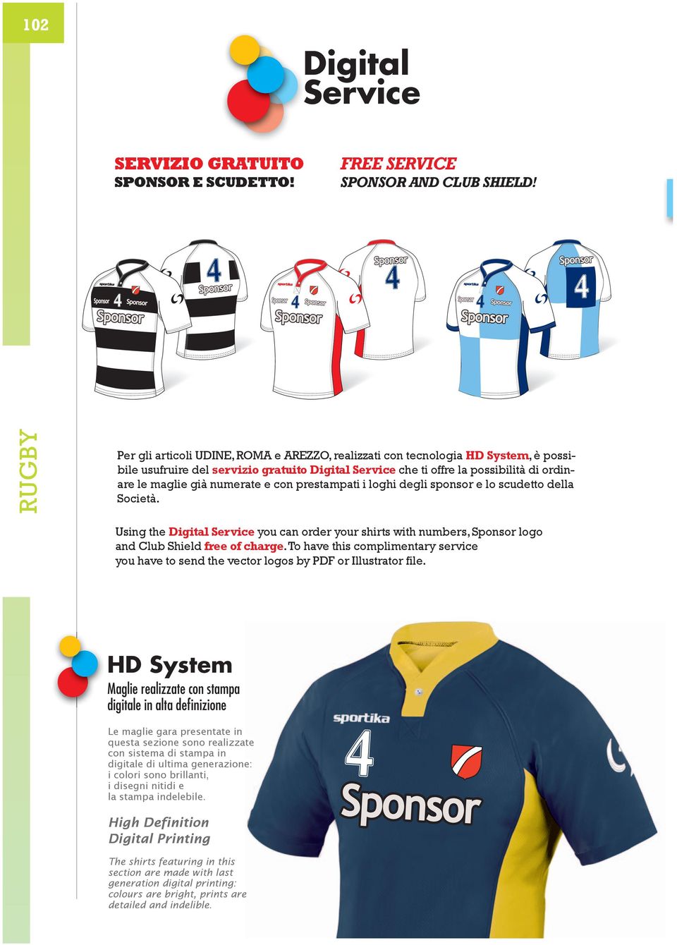 e con prestampati i loghi degli sponsor e lo scudetto della Società. Using the Digital Service you can order your shirts with numbers, Sponsor logo and Club Shield free of charge.